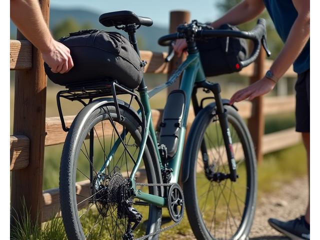 Cyclist checking tire pressure on a touring bike before a long ride