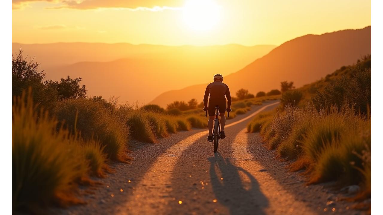 Cyclist riding a gravel bike through a golden hour landscape with mountains in the background